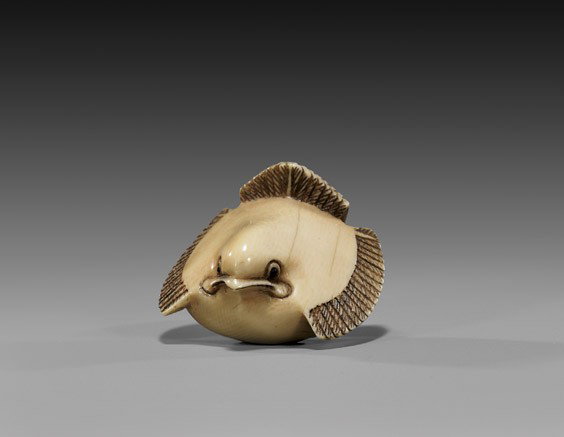 CARVED IVORY NETSUKE: Sparrow: CARVED IVORY NETSUKE: Sparrow Charming carved ivory netsuke; of a robust sparrow, with inlaid eyes and showing fine patina, signed in inlaid reserve, Circa 1900