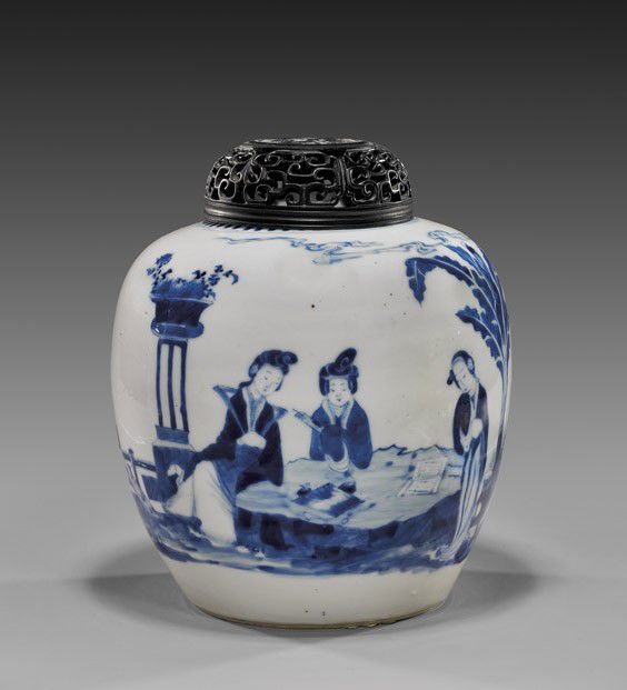 ANTIQUE KANGXI-STYLE BLUE & WHITE JAR: ANTIQUE KANGXI-STYLE BLUE & WHITE JARAntique Chinese, Kangxi-style blue and white porcelain ginger jar: with continuous figural design, of boys in a garden beside three ladies reading at a table; 19th