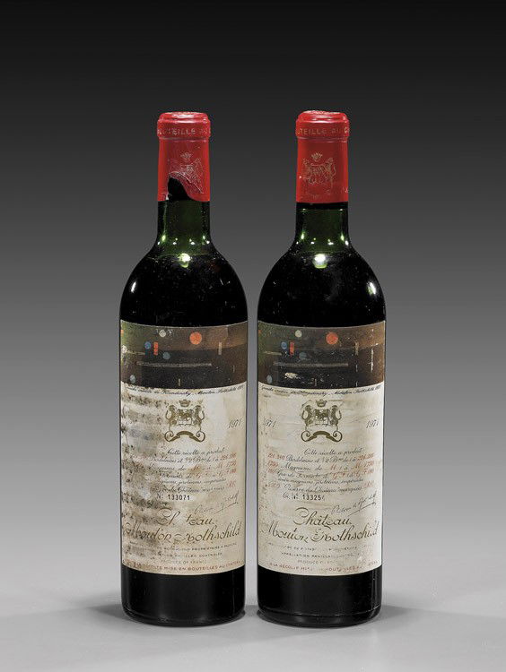 TWO BOTTLES 1971 CHÂTEAU MOUTON ROTHSCHILD: TWO BOTTLES 1971 CHÂTEAU MOUTON ROTHSCHILDTwo bottles of 1971 Château Mouton Rothschild red wine, with the unique artist series' label by Kandinsky; Nos. 133254 and 133071