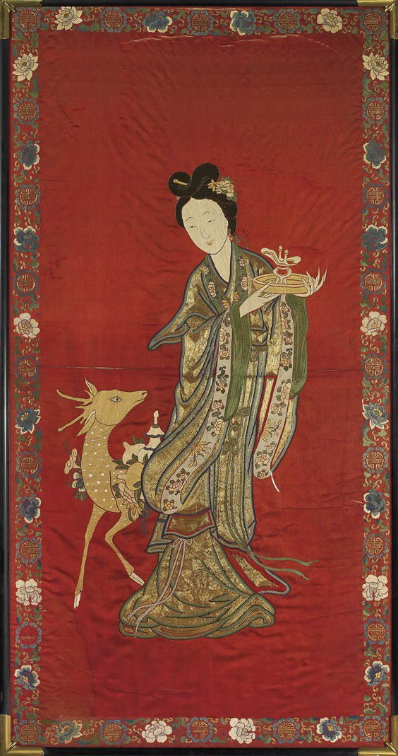 ANTIQUE CHINESE EMBROIDERED SILK PANEL: ANTIQUE CHINESE EMBROIDERED SILK PANELLarge and very finely embroidered, antique Chinese silk and gilt thread panel: depicting a celestial beauty in ornately patterned robes and holding a jue vessel o