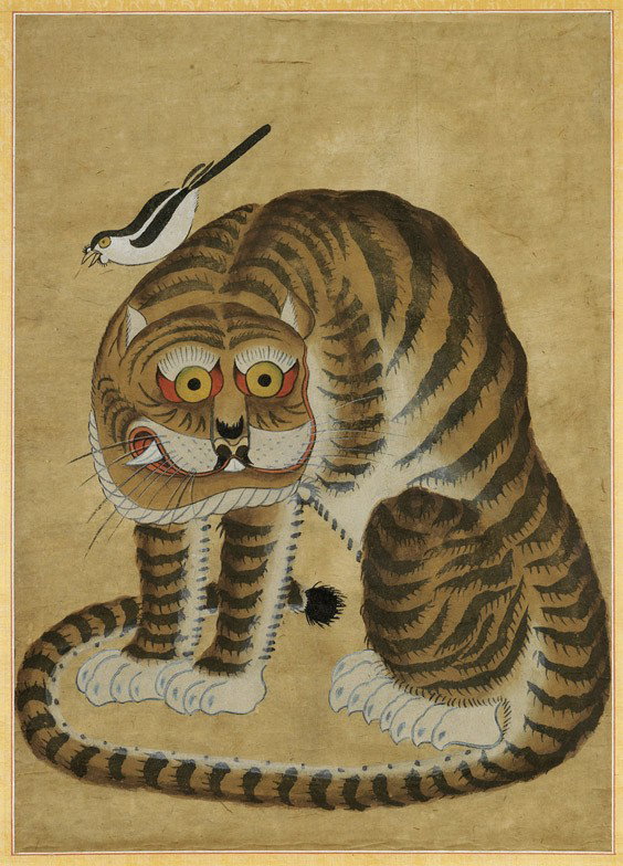 ANTIQUE KOREAN FOLK PAINTING: Tiger: ANTIQUE KOREAN FOLK PAINTING: Tiger Antique Korean folk painting; of a stylized tiger with humorously wide eyes, a small black and white bird perched on its back; 19 1/2" x 13 1/4"; framed