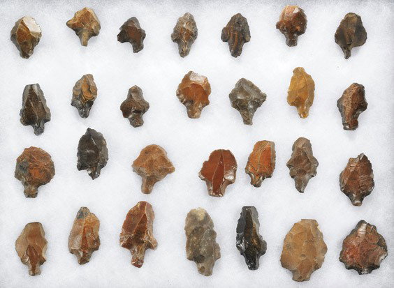 COLLECTION OF 28 NEANDERTHAL SPEAR POINTS: COLLECTION OF 28 NEANDERTHAL SPEAR POINTS 40,000 BP Ziagot, Morocco These remarkable artifacts represent some of the first attempts by proto-man at tool-making. Fashioned from a variety of jaspers and