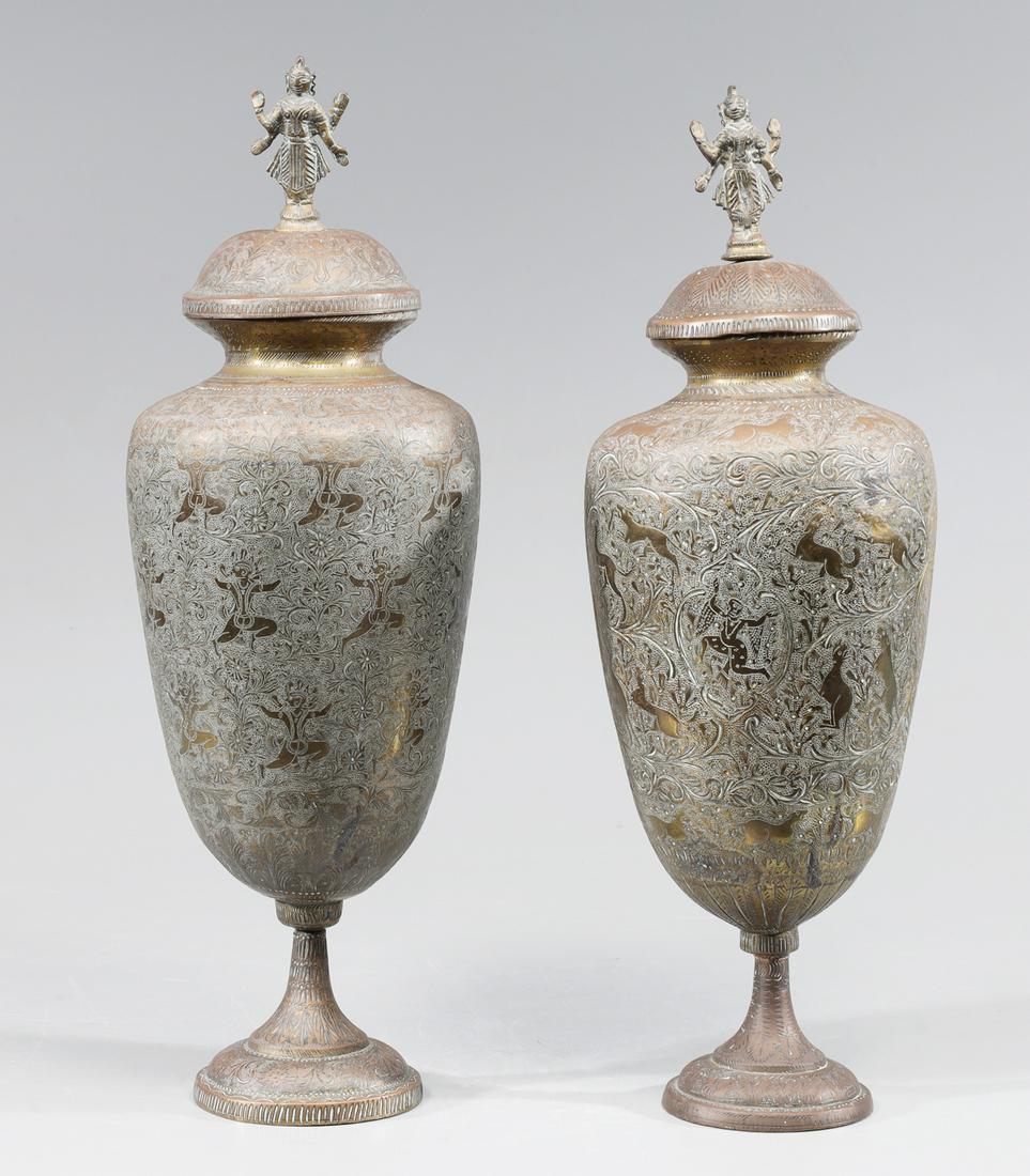 Pair Antique Indian Brass Covered Urns (1 of 5)