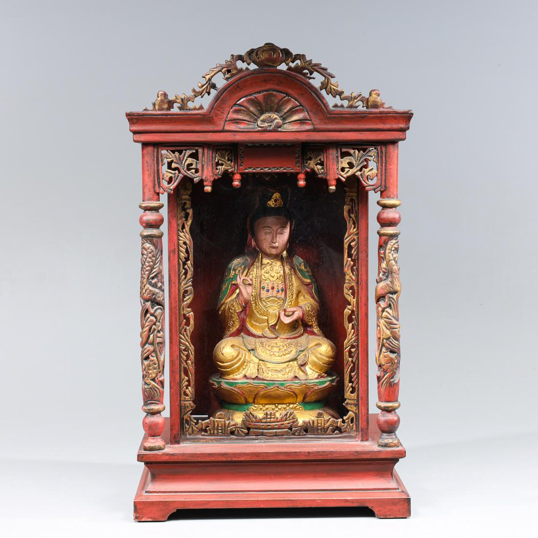 Chinese Shrine with Carved Figure: Chinese shrine with carved seated figure; as-is condition- General marks and surface wear, scratches, rubbing, flaws, and losses. Possible restorations; L 10 3/4" W 8" H 18 1/4" (Approx.) Provenance: 
