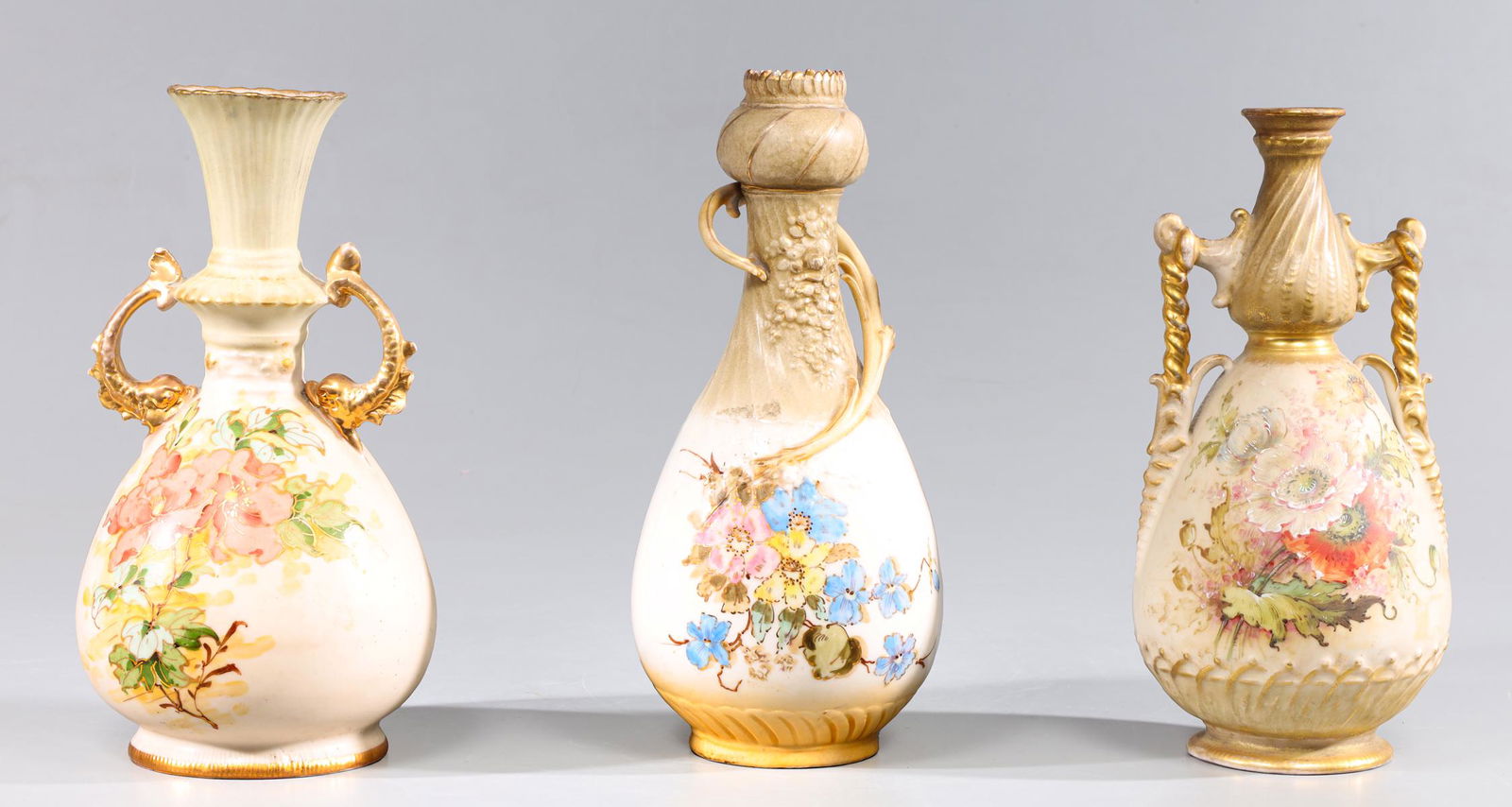 Group of Three Antique German Ceramic Vases: Group of three various antique, 19th century or possibly later, German ceramic hand painted art nouveau vases; as-is condition- General marks and surface wear, scratches, rubbing, flaws, and losses. P