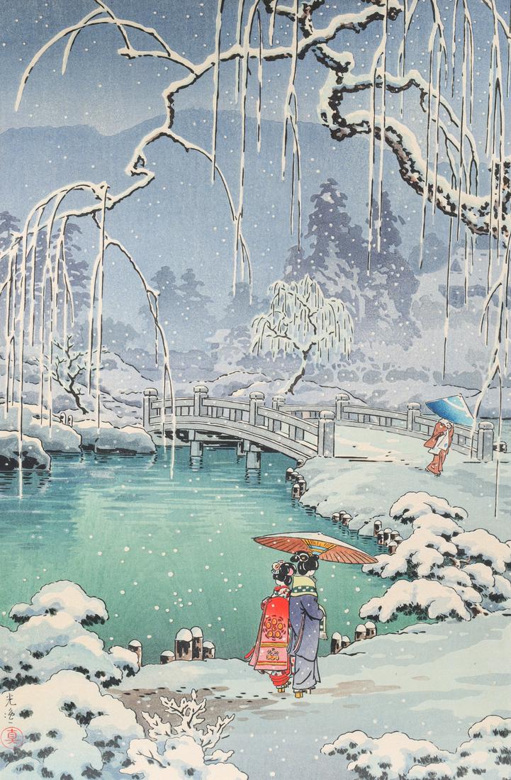 Tsuchiya Koitsu (1870-1949) Attributed, Spring Snow: Antique woodblock print, Tsuchiya Koitsu (1870-1949) attributed, "Spring Snow at Maruyama, Kyoto"; good condition- General marks and surface wear, scratches, rubbing, flaws, and losses. Possible resto
