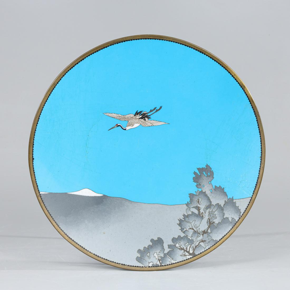 Antique Chinese Cloisonne Charger: Antique, c. 1920, Chinese cloisonne sky blue charger with flying crane; overall good condition, age wear, surface wear, surface soiling; L 12" (Approx.) Provenance: The Stone Collection