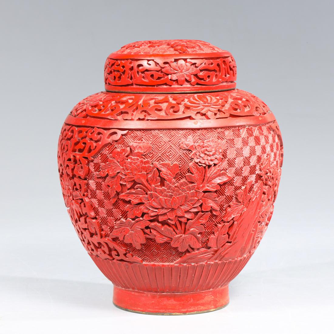 Chinese Cinnabar Covered Ginger Jar: Chinese cinnabar covered ginger jar; as-is condition- General marks and surface wear, scratches, rubbing, flaws, and losses. Possible restorations; H 6 3/4" (Approx.)Provenance: The Stone Collection