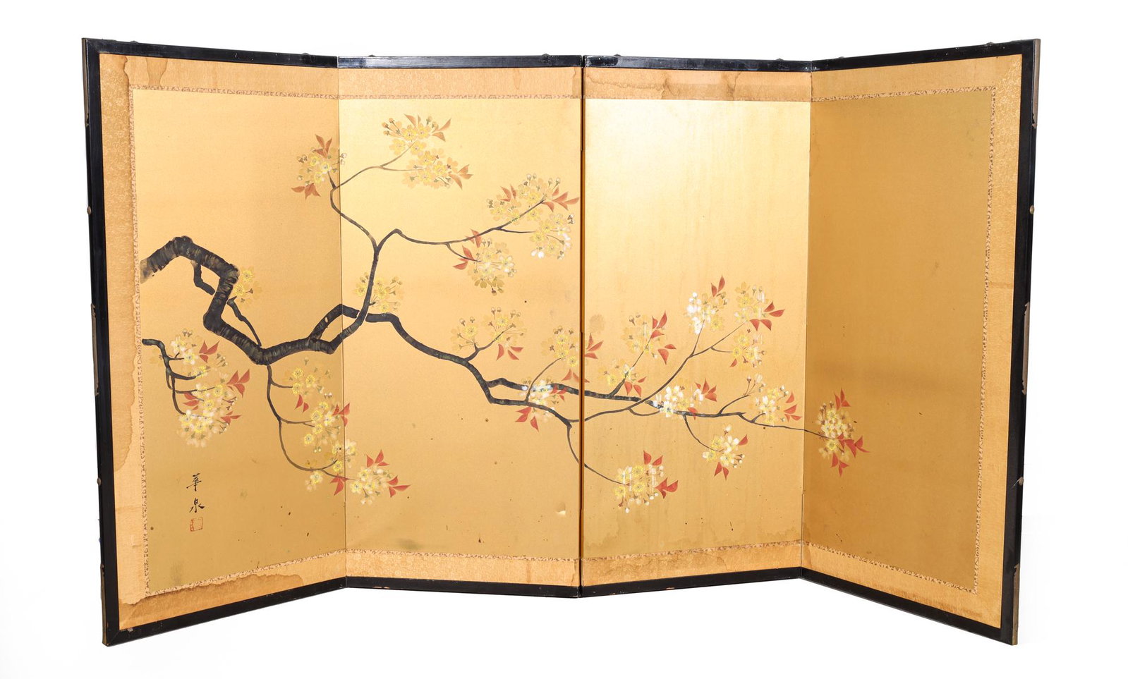 Vintage Chinese Gilded Blossom Screen: Vintage Chinese blossom screen with gilded background; overall good condition, age wear, surface wear, surface soiling; L 66" H 36" (Approx.) Provenance: The Stone Collection