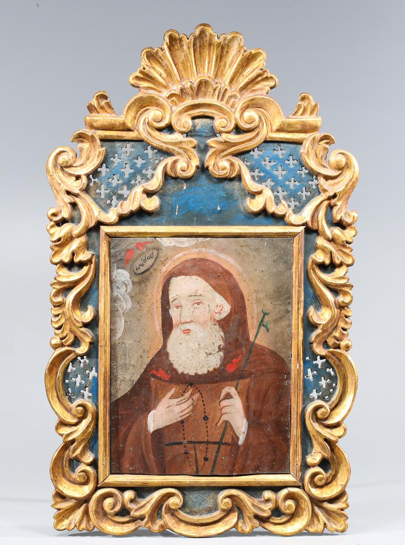 Antique Ex-Voto, St Francisco de Paula: Antique, 19th century or later, ex-voto on metal, St. Francisco de Paula, with carved baroque gilded frame; as-is condition- General marks and surface wear, scratches, rubbing, flaws, and losses. Poss
