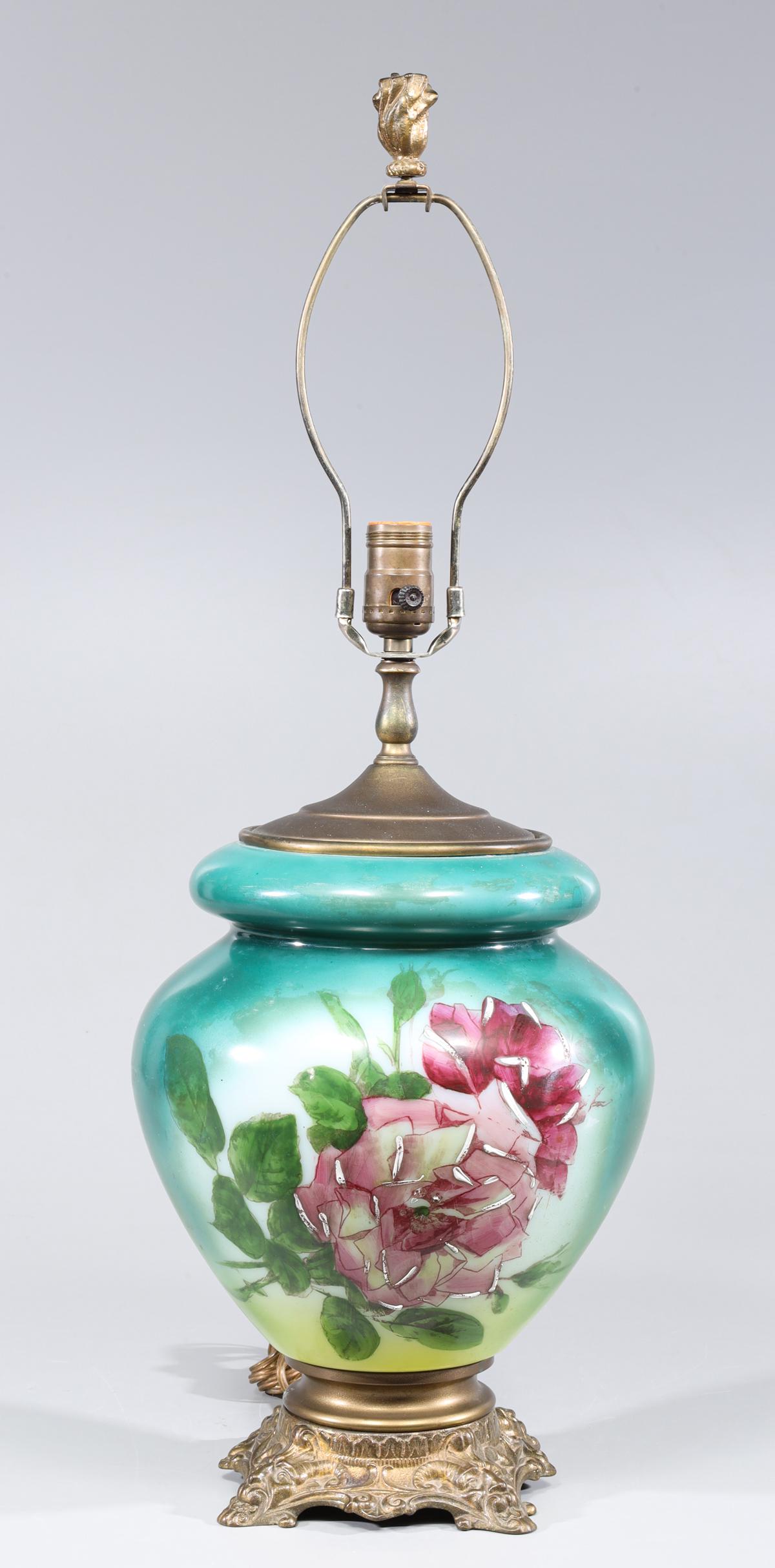 Antique Hand Painted Glass Table Lamp: Antique hand painted glass table lamp with brass foot; as-is condition- General marks and surface wear, scratches, rubbing, flaws, and losses. Possible restorations; with harp and finial H 27" (Approx