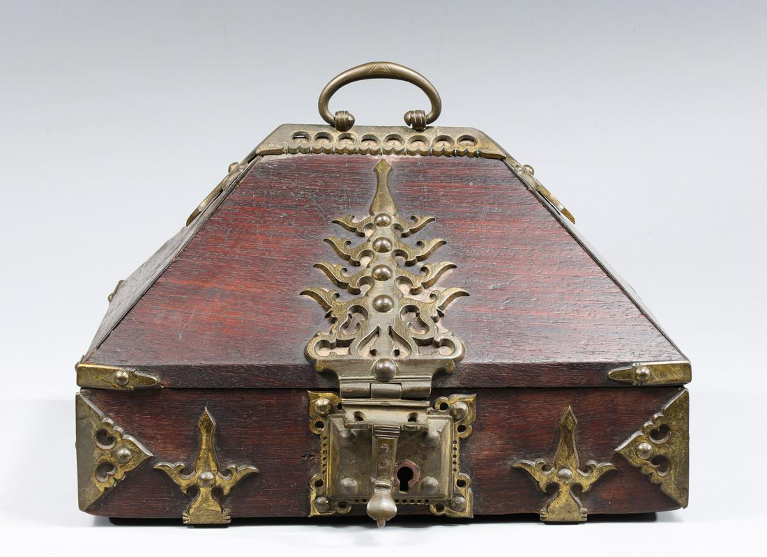 Antique Pyramid Box: Antique pyramid box with brass ormolu; as-is condition- General marks and surface wear, scratches, rubbing, flaws, and losses. Possible restorations; L 11" H 7" (Approx.) Provenance: Private Los Angel