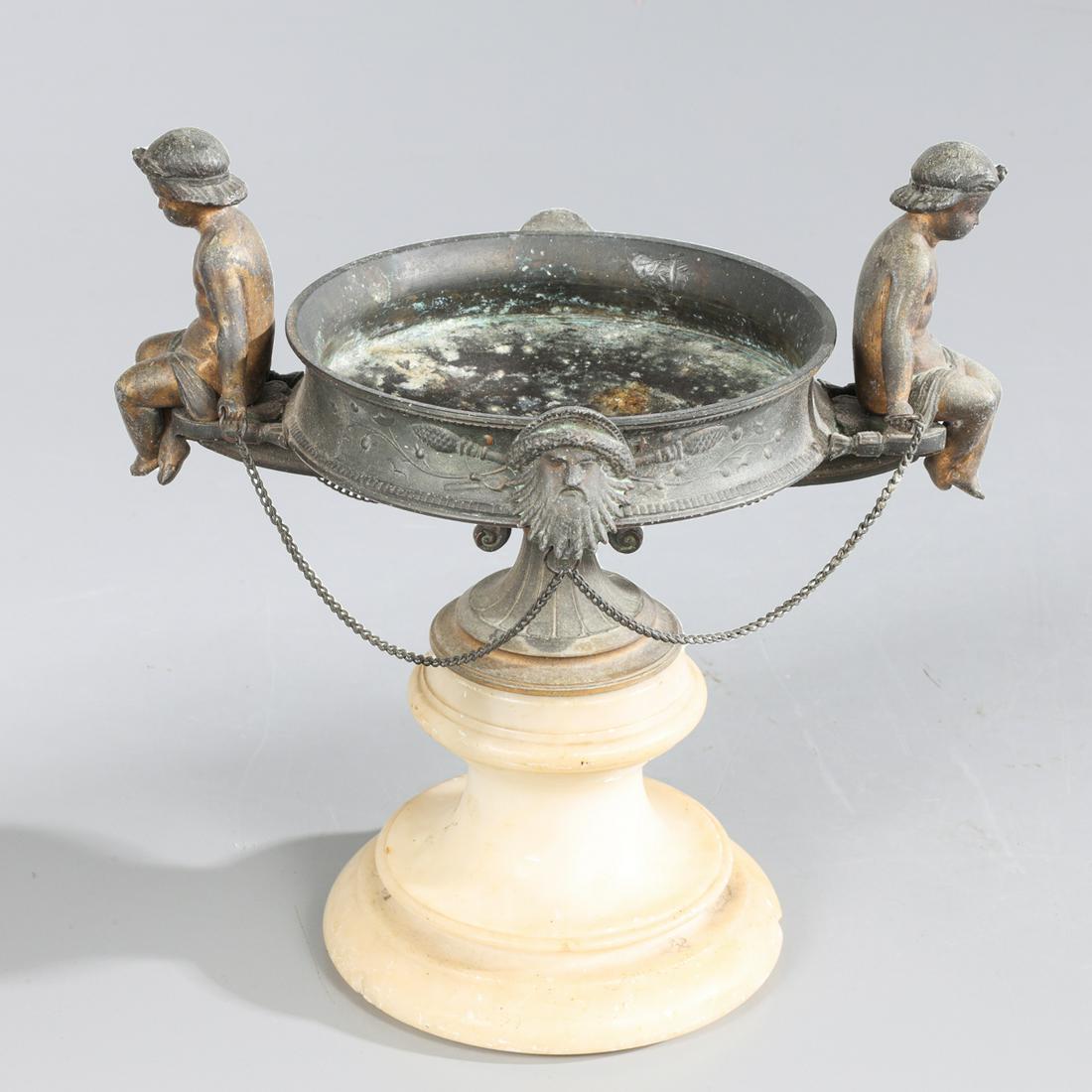 Vintage Italian Compote: Vintage carved stone and brass Italian compote; as-is condition- General marks and surface wear, chips at base, scratches, rubbing, flaws, and losses. Possible restorations; L 9" H 9 1/4" (Approx.) Pr