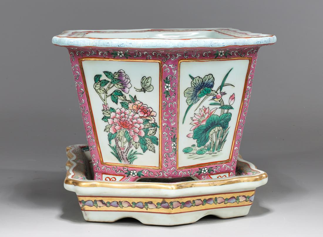 Chinese Famille Rose Enameled Porcelain Planter & Tray (1 of 3)