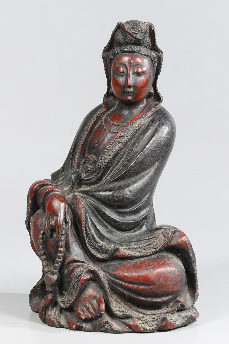 Chinese Carved Guanyin Figure: Chinese carved wood Guanyin figure; as-is condition- General marks and surface wear, large crack, scratches, rubbing, flaws, and losses. Possible restorations; L 7" H 12" (Approx.) Provenance: Private
