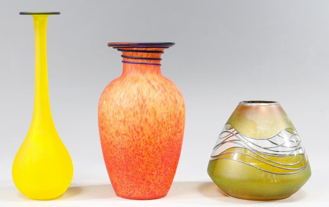 Group of Three Vintage Art Glass Vases: Group of three vintage hand blown art glass vases; as-is condition- General marks and surface wear, scratches, rubbing, flaws, and losses. Possible restorations; largest H 11 1/2" (Approx.)