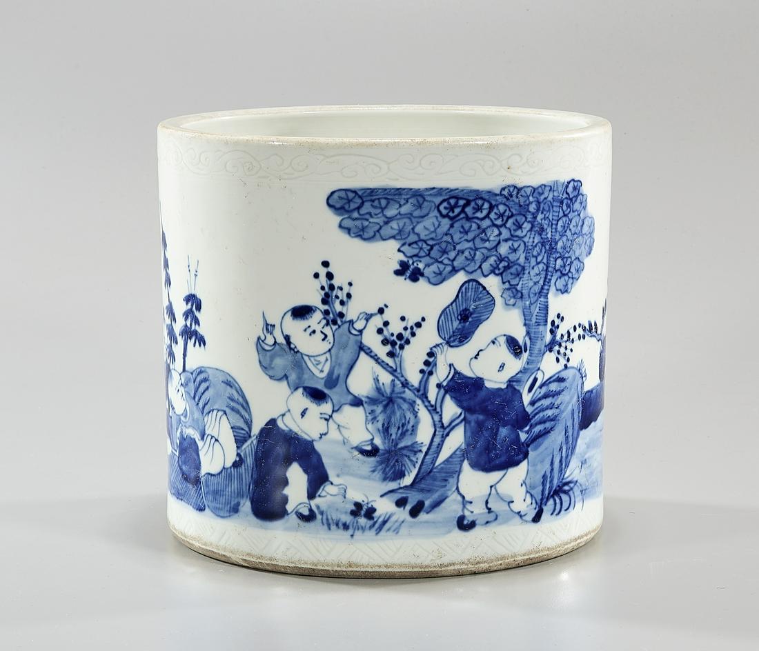 Chinese Blue and White Porcelain Brush Pot: Chinese blue and white porcelain brush pot; with children playing in a landscape; 7 1/4" x 8" (approx.)
