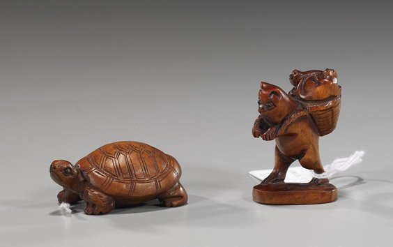 Two Carved Wood Netsuke: Animals: Two Carved Wood Netsuke: Animals Two carved wood netsuke: turtle; and standing cat carrying kittens in a basket on her back, inlaid eyes to each, each signed