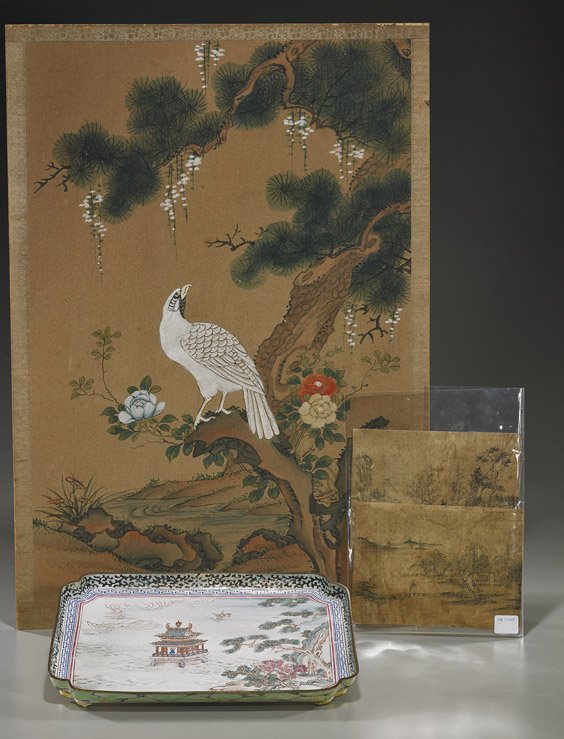 Antique Enameled Tray & 2 Chinese Paintings: Antique Enameled Tray & 2 Chinese Paintings Antique Chinese enamel on copper dish with celestial temple scene (repairs); together with two small landscape paintings on silk (toned and flaws); and an i