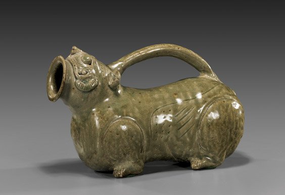Unusual Chinese Glazed Pottery "Urinal": Unusual Chinese Glazed Pottery "Urinal"Chinese, Yueh-type glazed ceramic urinal: animal-form with incised and moulded details; Jin-style, possibly antique; L: 9"