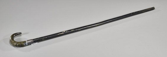 Unusual Old Wood & Horn Walking Stick: Unusual Old Wood & Horn Walking StickOld wood walking stick; of tapered form, with a carved horn handle and silver/silvered mounts (flaws and wear to cane); L: 31"