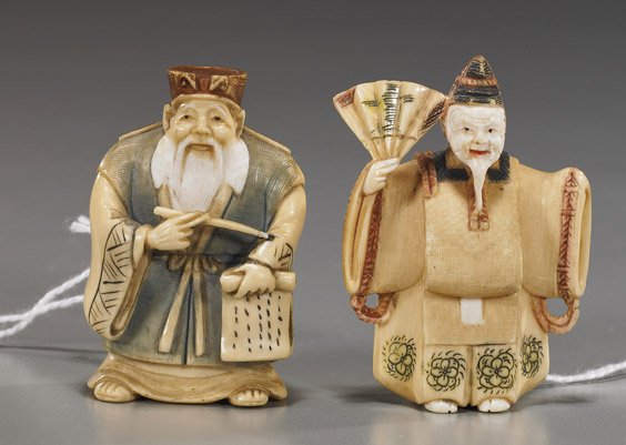 Two Carved Ivory Figural Netsuke: Two Carved Ivory Figural Netsuke Two intricately detailed and realistically polychromed, carved ivory netsuke: a kabuki dancer with fan; and bearded scholar with scroll; both signed; Provenance: purch