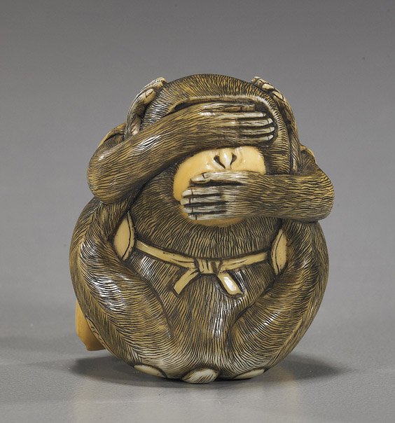 Amusing and very finely detailed ivory netsuke; of: Amusing and very finely detailed ivory netsuke; of a seated monkey exhibiting all the traits of the 3 wise monkeys, signed Yukimasa in oval reserve; Provenance: purchased from Mike Spindel in 1970s