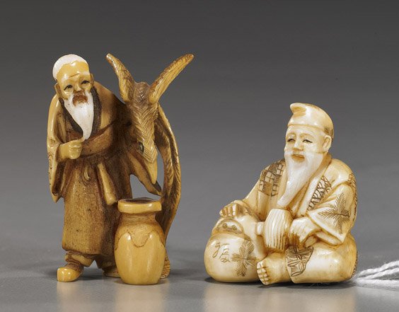 Two Old Carved Ivory Figural Netsuke: Two Old Carved Ivory Figural Netsuke Two early 20th Century, carved ivory netsuke: standing figure with a jar at his feet and holding a cormorant (chipped wing); together with a seated figure with mal