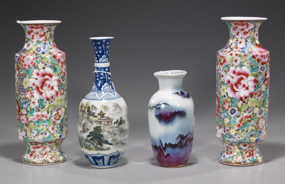 Four Various Chinese Porcelain Vases: Four Various Chinese Porcelain Vases Group of 4 Chinese porcelain vases: pair taller cylindrical baluster form millefleur on gilt ground, seal marks; bottle form blue and white with enameled landscape