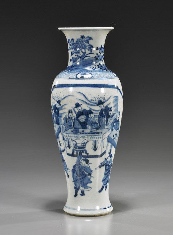 Antique Chinese Blue & White Porcelain Vase: Antique Chinese Blue & White Porcelain VaseAntique Chinese late 19th Century Kangxi-style blue and white porcelain vase; baluster form with design of officials in a court-like setting (some glaze stai