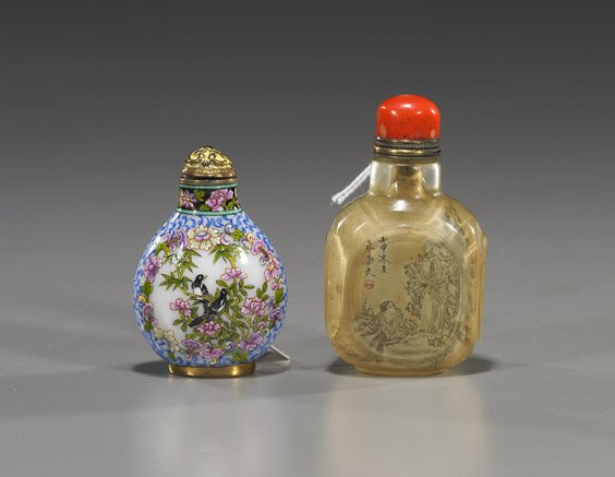Two Chinese Glass Snuff Bottles: Two Chinese Glass Snuff Bottles Two Chinese snuff bottles: finely detailed Qianlong-style enamel on white "milk" glass of flattened round form with birds and flowers, verso with bats and peaches, meta