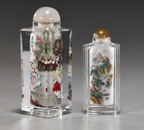 Two Large Inside Painted Glass Snuff Bottles: Two Large Inside Painted Glass Snuff Bottles Two Chinese finely inside painted glass snuff bottles; tall square form "master" snuff with continuous scene of children playing, signed; together with a r