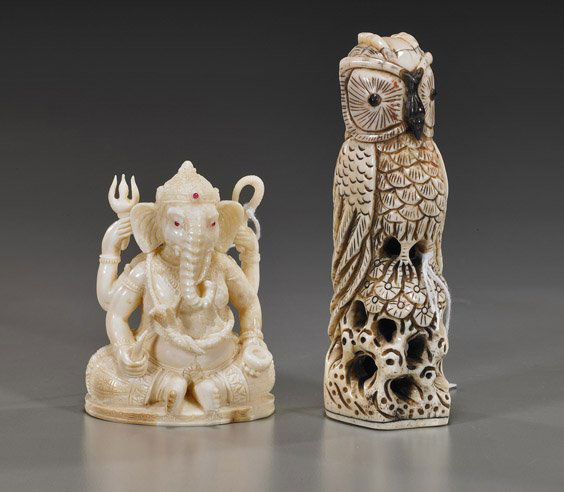 Two Various Carvings: Ivory & Bone: Two Various Carvings: Ivory & BoneTwo carvings: probably Burmese fossil ivory model of a seated Ganesha with jeweled eyes; together with a sectional carved and polychromed bone owl, perched above pine