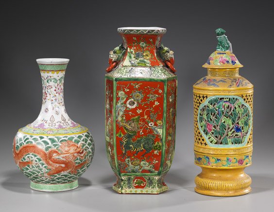 Group of Chinese Porcelains: Group of Chinese PorcelainsGroup of 3 Chinese porcelain including: sectional lamp and cover, of cylindrical form with reticulated bird and foliage panels on yellow ground, seal mark; coral red ground