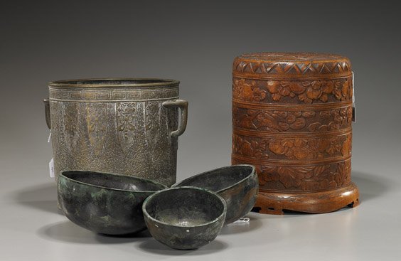 Five Various Old Japanese Items: Five Various Old Japanese Items Large, antique Japanese bronze circular jardinière with handles, archaistic motifs (dent to bottom); 3 bronze hanging bells, each of half round form and painted with a