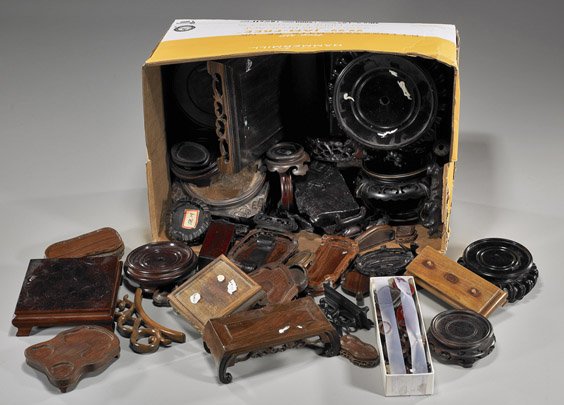 Box of Various Wood Stands: Box of Various Wood Stands Box of numerous wood stands; of varying sizes and shapes, including many snuff bottle or netsuke stands; totaling approx. 83 pieces; D: 7" (largest)