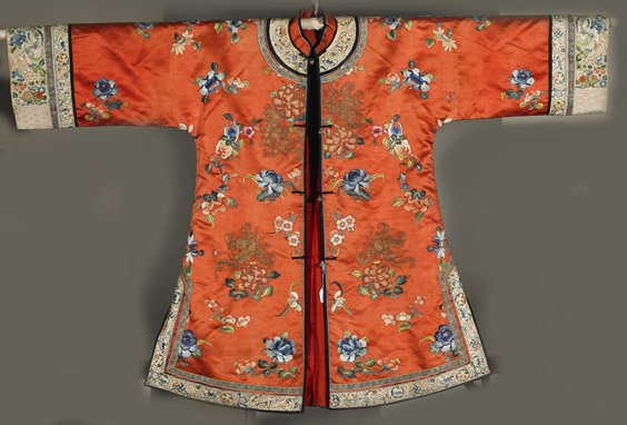 Old Chinese Embroidered Silk Robe/Coat: Old Chinese Embroidered Silk Robe/Coat Early 20th Century, Chinese satin and forbidden stitch embroidered silk robe or evening coat; with elaborate design of bats in gilt thread among colorful florals