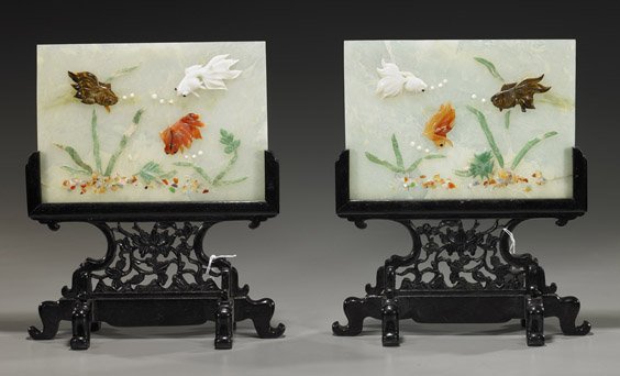 Pair Chinese Hardstone Appliqué Tablescreens: Pair Chinese Hardstone Appliqué Tablescreens Pair Chinese hardstone appliqué tablescreens: each rectangular bowenite plaque with scenes of fish and water plants in tiger's eye, carnelian and other s