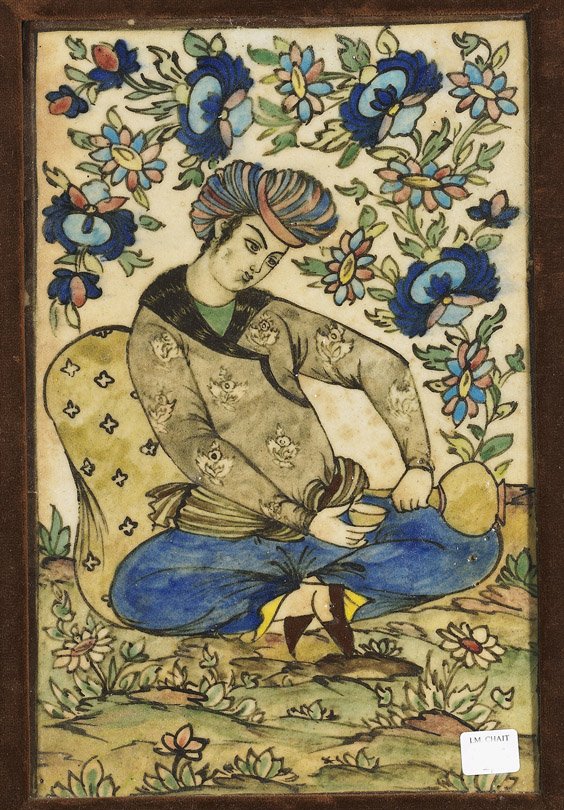 Two Framed Persian Pottery Tiles: Two Framed Persian Pottery Tiles Two Persian enameled pottery tiles: one with a reserve featuring two figures embracing, surrounded by florals; the other with a seated figure pouring a drink from an a