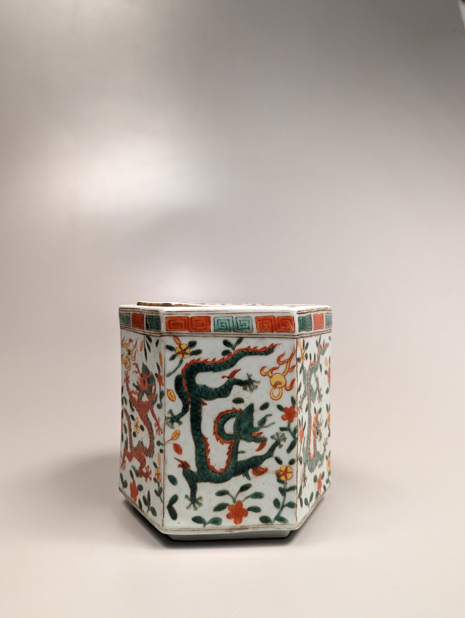 Wanli-Style Enameled Porcelain Hexagonal Dragon Box (1 of 3)