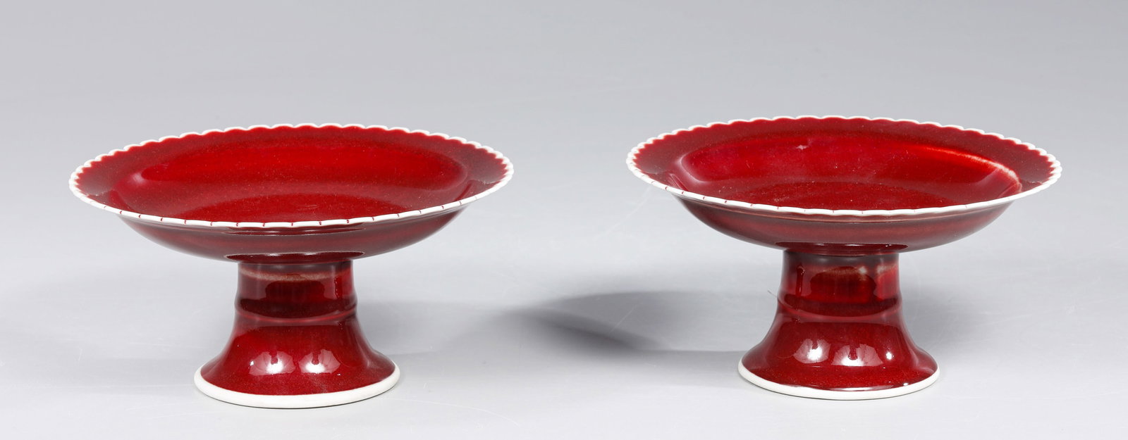 Pair Chinese Red Glazed Porcelain Stem Dishes (1 of 4)
