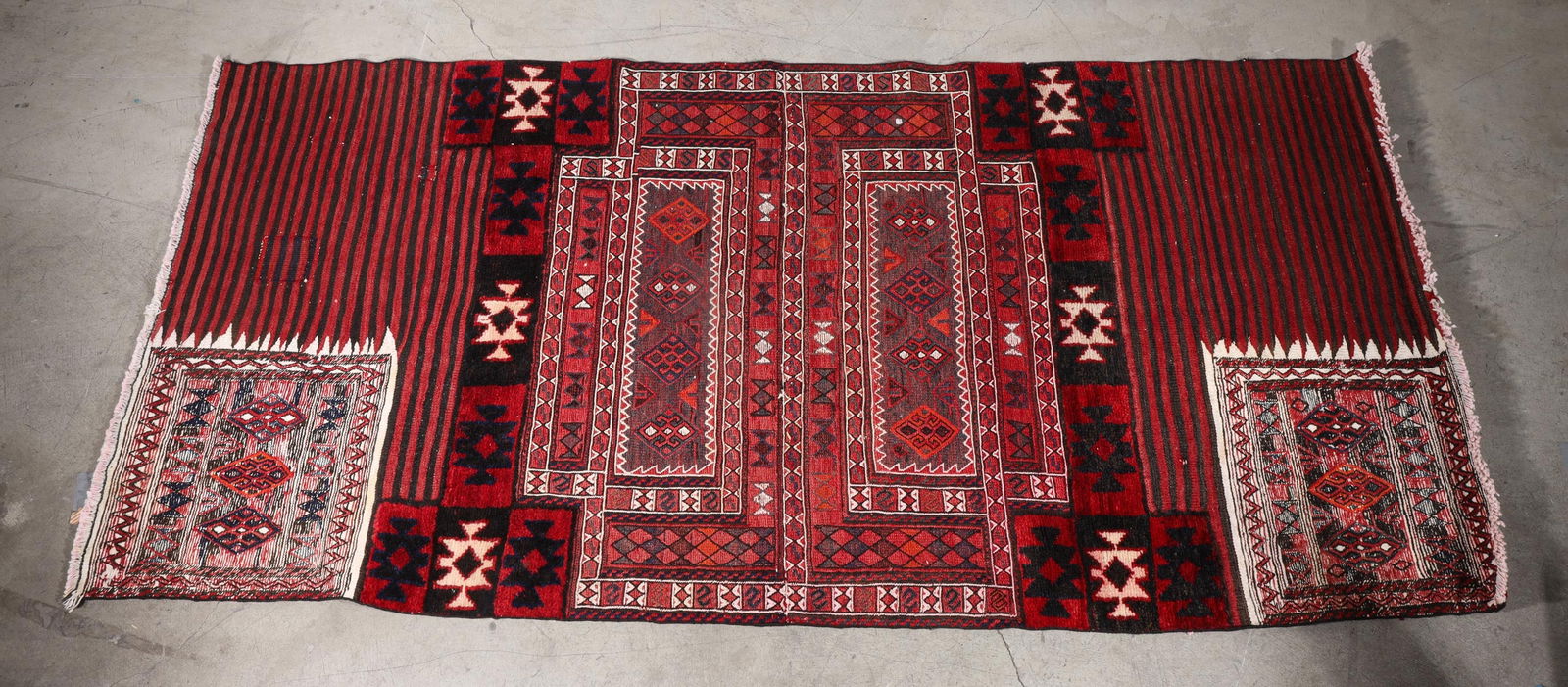 Afghan Wool Sampler Rug: Afghan wool sampler rug; as-is condition, some wear and fading; L 86" x W 41 1/4" (approx.)