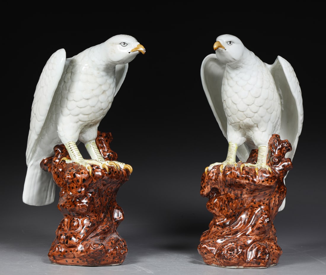 Pair Chinese Ceramic Perched Eagle Figures (1 of 4)