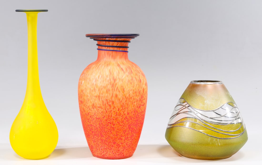 Group of Three Vintage Art Glass Vases: Group of three vintage hand blown art glass vases; as-is condition- General marks and surface wear, scratches, rubbing, flaws, and losses. Possible restorations; largest H 11 1/2" (Approx.)
