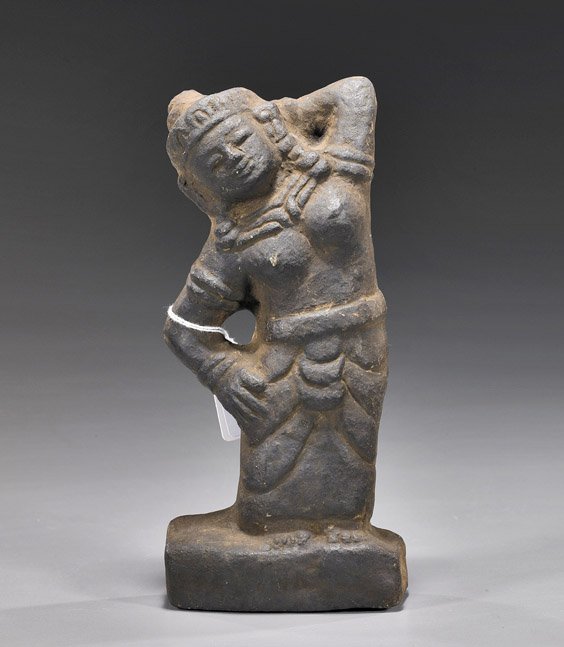 Asian Stone Carving of a Woman: Khmer(?): Asian Stone Carving of a Woman: Khmer(?) Probably Cambodian, and possibly Khmer stone carving; of a woman standing with hand on hip and armed raised behind head, wearing a headdress; H: 8 1/2"