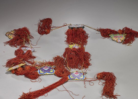 Pair Antique Chinese Silk Tassels: Pair Antique Chinese Silk Tassels Pair antique Chinese silk hanging tassels; each with enamel on copper floral panels (some flaws and tears, as-is); L: 60" (each)