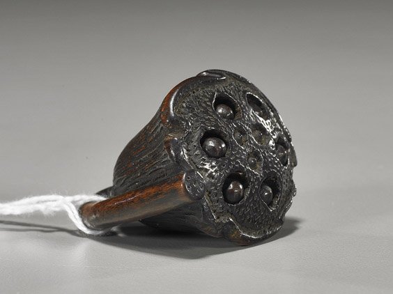 Antique Carved Boxwood Netsuke: Lotus Pod: Antique Carved Boxwood Netsuke: Lotus Pod Antique carved boxwood netsuke; of a lotus pod with movable seeds (small chips and minor wear)