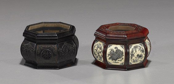 Two Unusual Chinese Cricket Cages: Two Unusual Chinese Cricket CagesTwo very unusual, Chinese hardwood octagonal cricket cages; each bamboo lined, with glass window to the magnetic cover, and threaded stopper to the bottom: one with iv