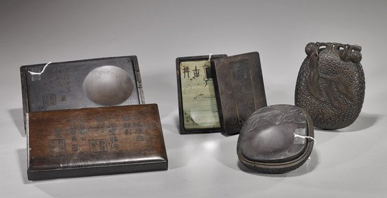 Three Various Boxed Ink Stones: Three Various Boxed Ink Stones Group of 3 various boxed inkstones: large rectangular with calligraphy and with calligraphy to wood box; green rectangular form with characters, in an inkstone box with 