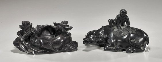 Two Chinese Hardwood Carvings: Buffalo & Washer: Two Chinese Hardwood Carvings: Buffalo & Washer Two Chinese hardwood carvings (probably zitan): water buffalo in repose with a boy climbing onto its back and holding a wide brimmed hat; together with 